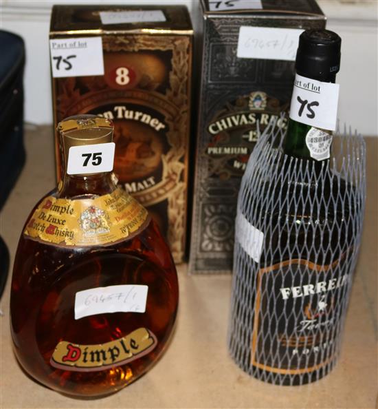 1 x Dimple whisky, 1 x Glen Turner 8 year old malt whisky, 1x Chivas Regal Whisky, 1 x Ferriera Tavny port